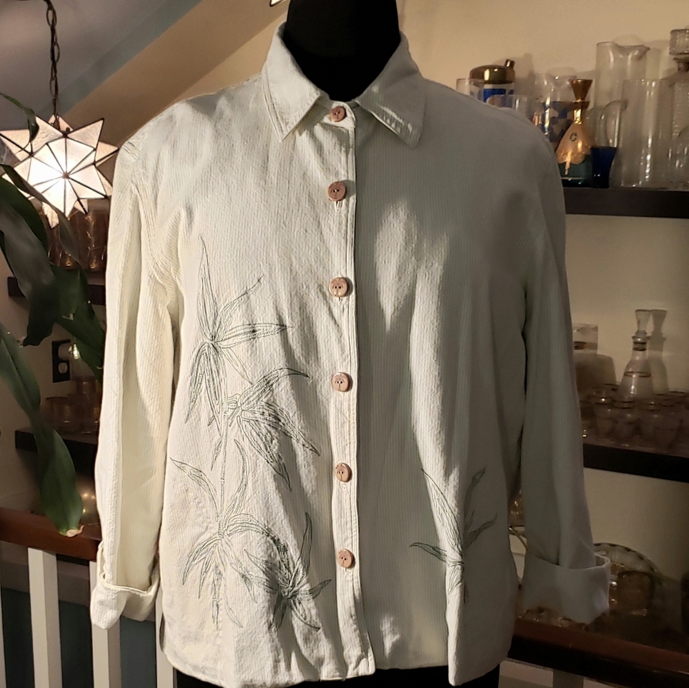 Ruby Rd. Womens Green And White Striped Button Front Shacket